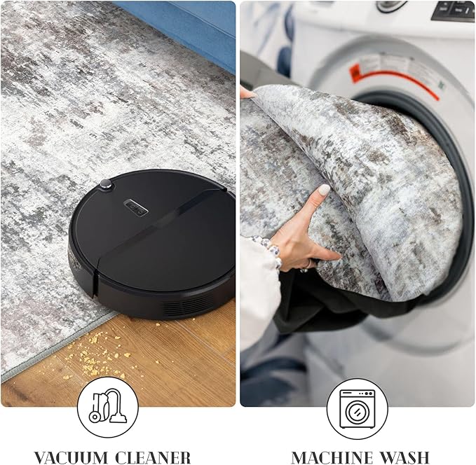 Modern Abstract 6x9 Living Room Washable Rug Non-Slip Soft Bedroom Area Rug Beige Grey Neutral Thin Print Faux Wool Floor Carpet Throw Rugs for Nursery Playroom Dining Room Indoor Office