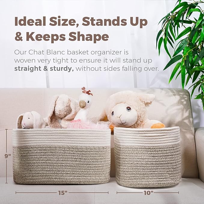 CHAT BLANC Cotton Rope Baskets for Organizing | 15”x10”x9” Storage Baskets for Shelves | Small Laundry Woven Baskets for Storage, Dog Toy Bin, Baby Basket,Off White&Brown 3 Pack