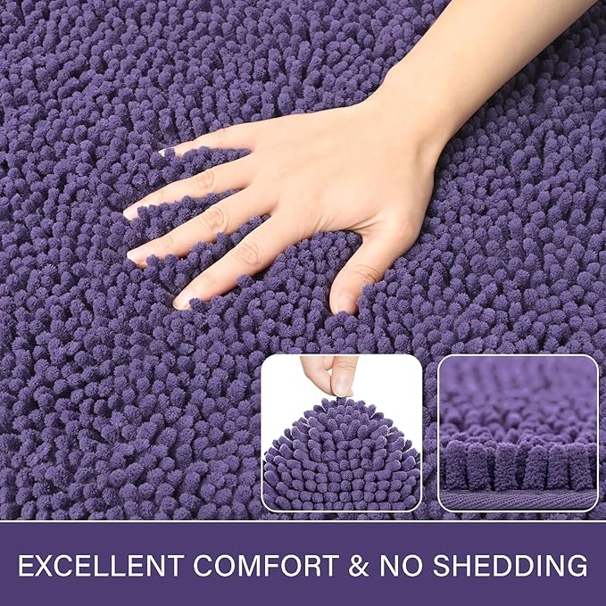 LOCHAS Luxury Bathroom Rug Shaggy Bath Mat 24 x 48 Inch, Washable Non Slip Bath Rugs for Bathroom Shower, Soft Plush Chenille Absorbent Carpets Mats, Dark Purple