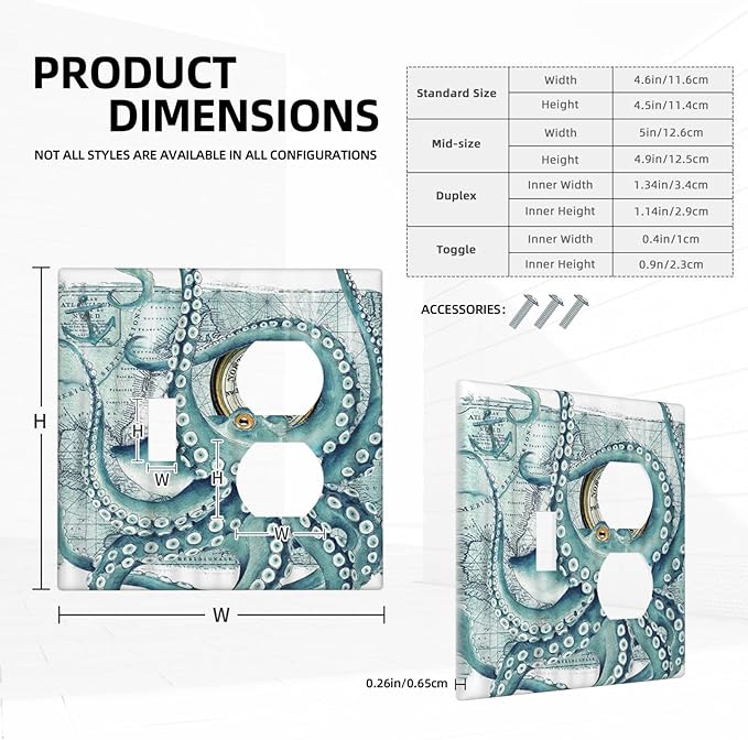 Octopus Nautical Kraken Compass Anchor Decorative Light Switch Cover Plate 1 Toggle/1 Duplex Outlet Covers 2 Gang Combo Gfci Wall Plate Electrical Receptacle Switchplate for Bathroom Decor