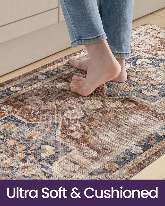 DEXI Kitchen Floor Mats Anti Fatigue, 23x59 Large Cushioned Vintage Runner Rug Waterproof, Standing Comfort Memory Foam Padded for Front Sink Laundry Office, Reddish Brown