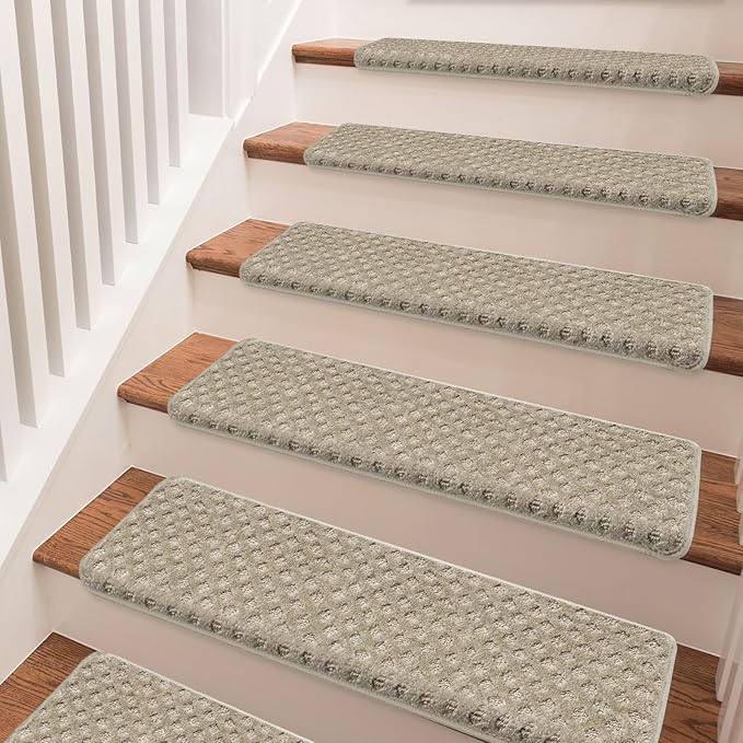 PURE ERA Bullnose Carpet Stair Treads Tape Free Non-Slip Indoor Stair Protectors Pet Friendly Stair Treads for Wooden Steps 9.5" x 30"(7 Pieces,Cream Gray Mini-Diamond Trellis)