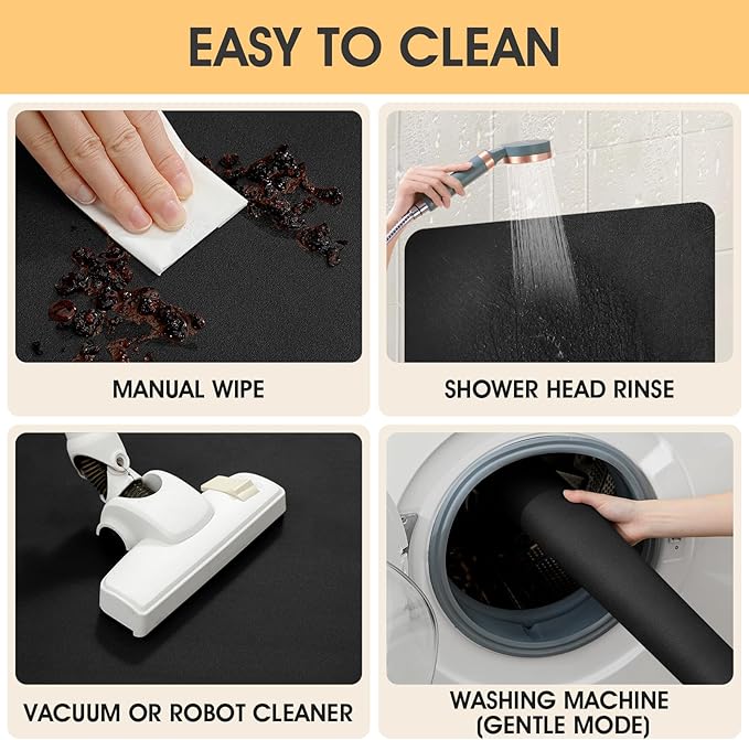 Ultra Thin Bath Mat, Upgrade Backing Non Slip Thin Bath Mats Fit Under Door, Quick Dry Ultra Absorbent Bathroom Rugs, Machine Washable Bath Rugs for Bathroom, Bathtub & Kitchen, Black/Solid/2 Piece