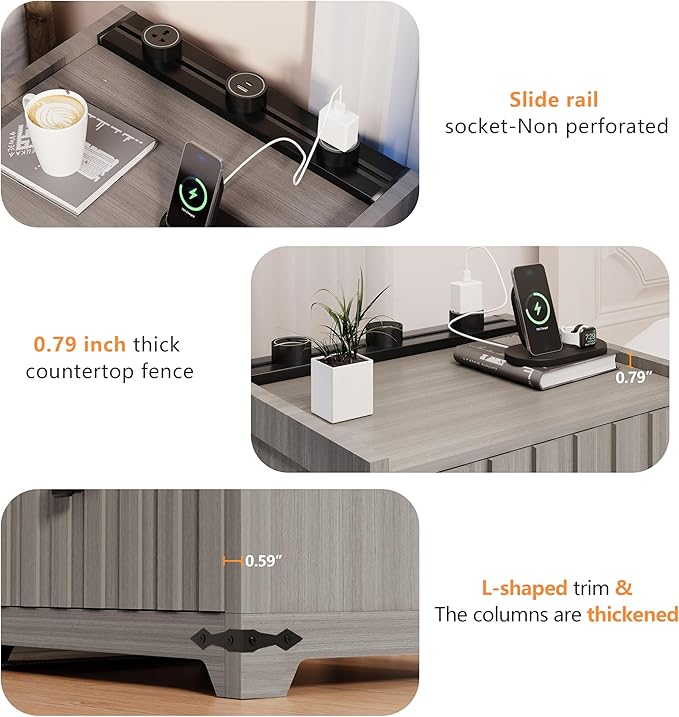 Night Stand with Slidable Charging Station,Nightstands with 2 Drawers,Farmhouse EndTable and Bedside Table,Small Side Table for Bedroom（Newly Upgraded）