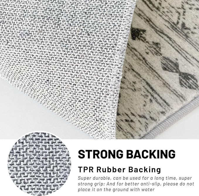 KUTA Boho Round Washable Rugs 5Ft Grey Moroccan Circle Area Rug Non-Slip Soft Distressed Geometric Carpet for Living Room Bedroom Low-Pile Entry Throw for Nursery Dorm Decor
