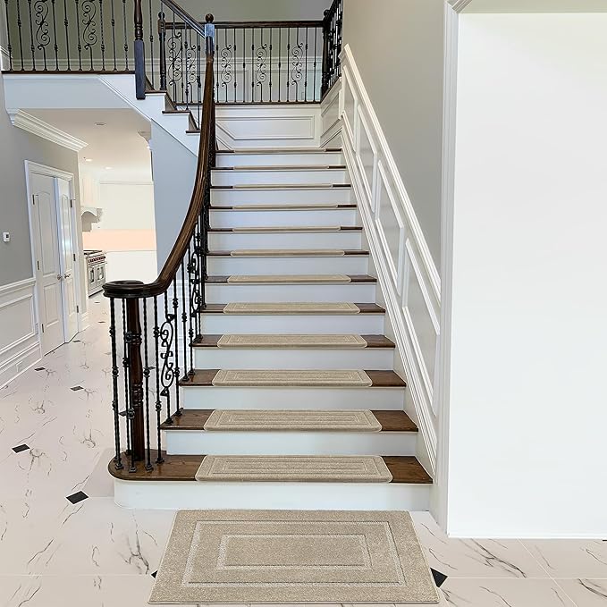 PURE ERA Bullnose Carpet Stair Treads Set Tape Free Non-Slip Indoor Stair Protectors Pet Friendly Rugs 9.5" x 30"(7 Pieces,Cream Gray Rectangular)