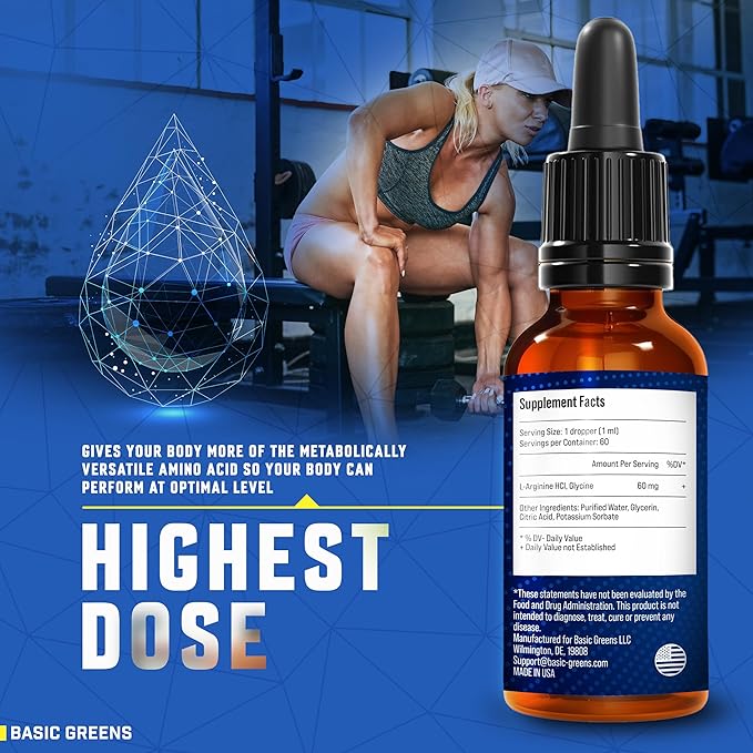 L-Arginine Liquid Nitric Oxide Supplement for Men and Women – Non-GMO Vegan for Circulation, Endurance, Energy, Stamina, Performance and Workout – 2 fl oz