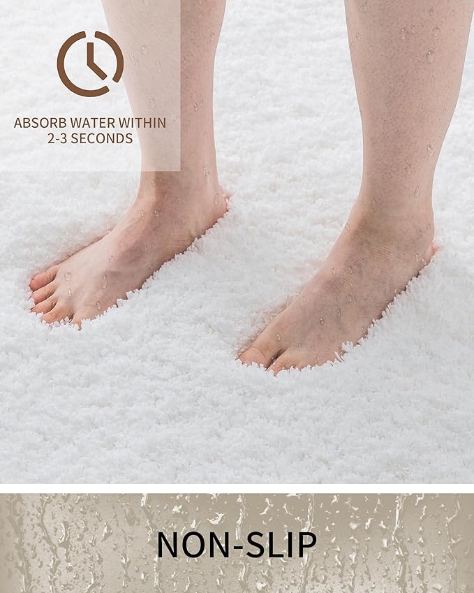 Bathroom Rugs 32x20, Ultra Thick Shaggy Soft Microfiber Absorbent Bath Rug, High Density Foam Latex Non Slip Backing, Machine Washable Bath Mats for Bathroom Floor & Sink, White