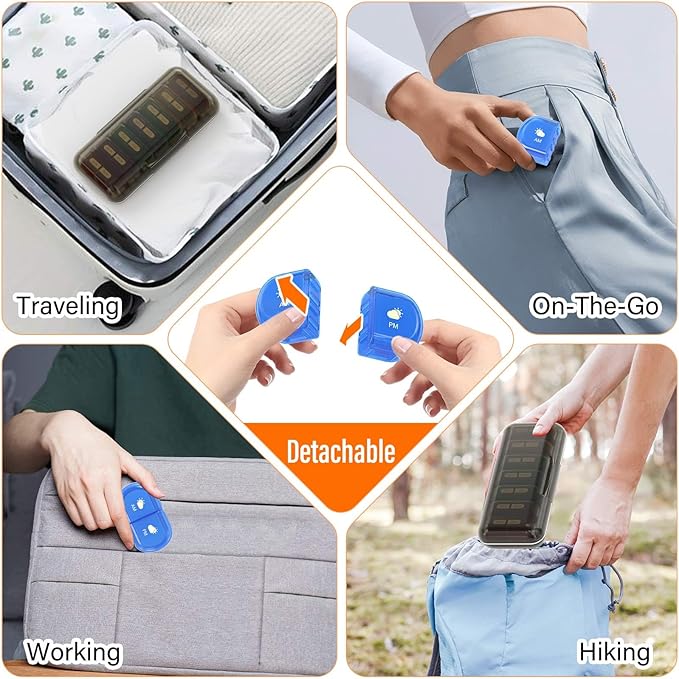 Weekly Pill Organizer 2 Times a Day, Moisture-Proof, Detachable Compartments, AM PM Pill Box 2x 7 Day, Travel Pill Organizer for Pills/Fish Oil/Medication/Vitamin/Supplements (Black + Colorful)