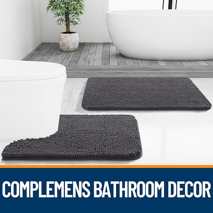 OLANLY Bathroom Rugs Sets 2 Piece, Soft Absorbent Chenille Bath Mats Area Rug Set, Non-Slip, Quick Dry, Machine Washable Bath Mats for Bathroom, Home Decor Accessories (47"x20"+30"x20", Dark Grey)