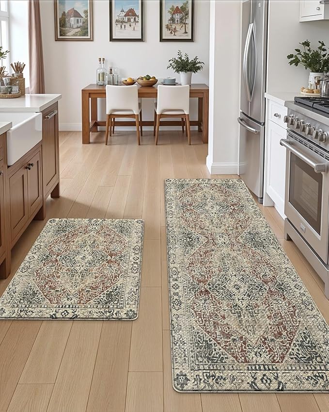 DEXI Kitchen Mats for Floor Cushioned, 23x35+23x59 Extra Large Runner Rug Non Slip, Waterproof Soft Comfort Standing Padded Anti Fatigue Decorative Set of 2, Cream Red