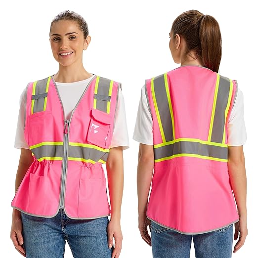Hi Vis Safety Vest for Women, Working Drawstring waist Construction Vest with Pockets and Zipper, Womens Safety Vest, ANSI Type R Class2, Pink Yellow Strips, XL