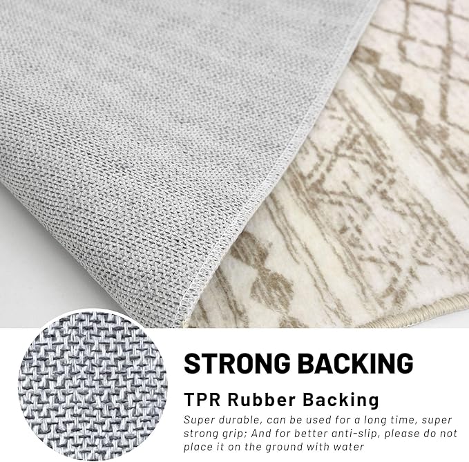KUTA Area Rug 4x6 Boho, Moroccan Washable Rugs for Living Room Non Slip, Beige Ultra Soft Print Distressed Geometric Low-Pile Throw Carpet for Bedroom Nursery Dorm Decor