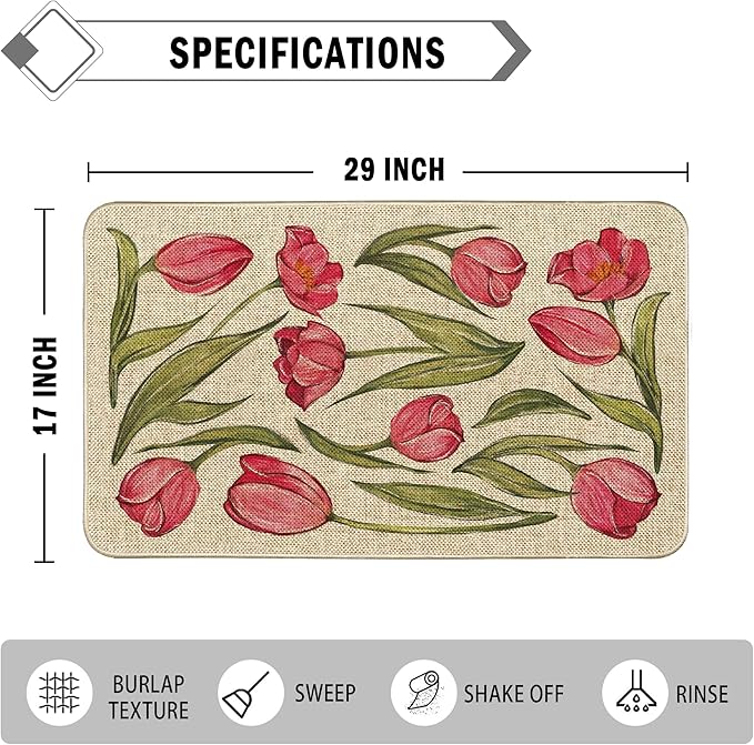 Welcome Spring Door Mat Tulip Flowers Doormat Indoor Outdoor Entrance Summer Decor Outdoor Rug Low-Profile Floor Rug Non Slip Spring Summer Decor Rubber Mats for Home Decoration 17x29Inch
