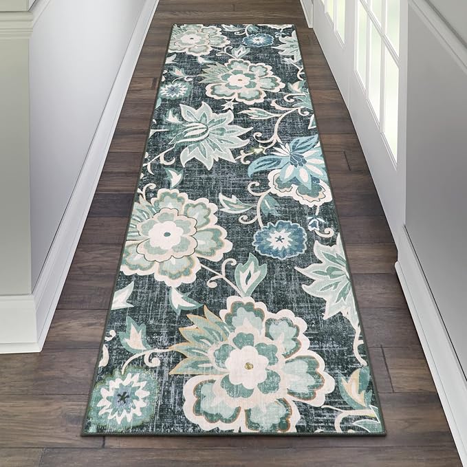 Beeiva Floral 2x6 Washable Runner, Hallway Runner Rugs with Rubber Backing, Non Slip Ultra Thin Lightweight Kitchen Rug for Bedroom Entryway Laundry Room(Blue,2'x6')