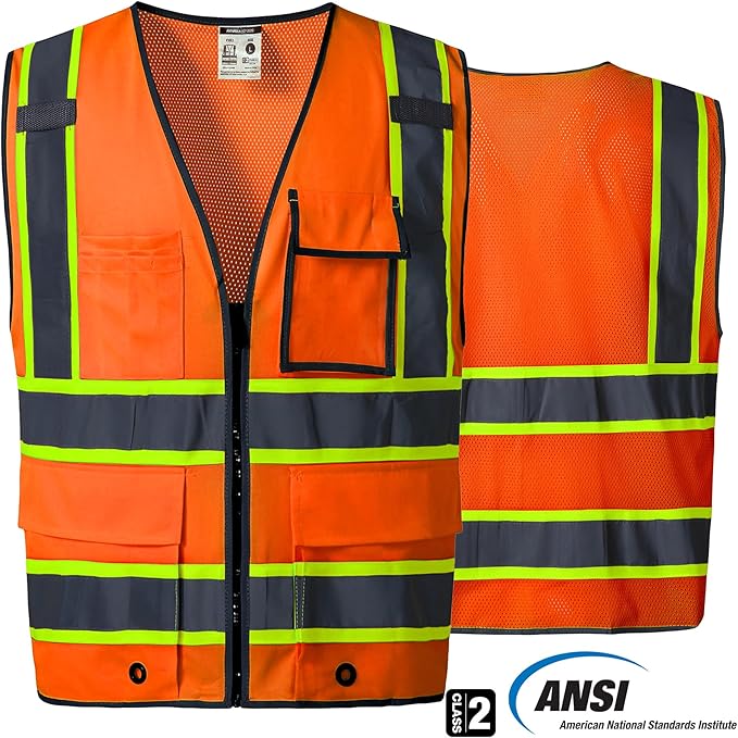 SKSAFETY 10 Pockets Safety Vest, Class 2 High Visibility Security with Zipper Back Mesh, Hi Vis Vest with Reflective Strips, ANSI/ISEA Standard, Construction Work Vest for Men ＆ Women （Orange, M）