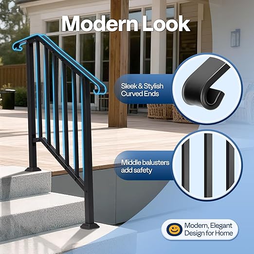 VIVOHOME 2-Pack 3 Step Galvanized Steel Hand Rails for Outdoor Steps – Curved Ends and Safety Balusters Exterior Railing for Porch, Deck, or Indoor Stairs, Complete Installation Kit
