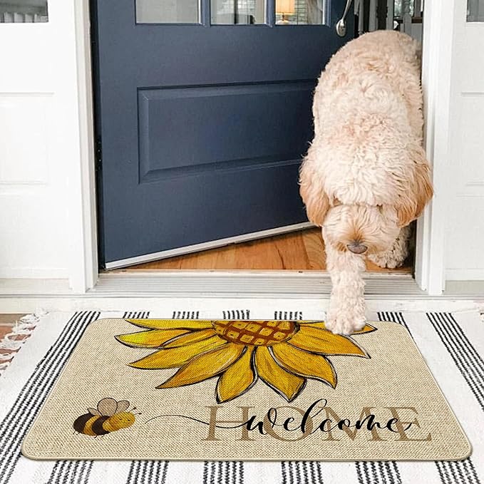 Sunflower Welcome Doormat 17"x29", Non Slip Door Mat Indoor Entrance, Hello Indoor Front Door mat, Spring Summer Outdoor Entrance Mat, Low Profile Design Patio Porch Entryway Mats