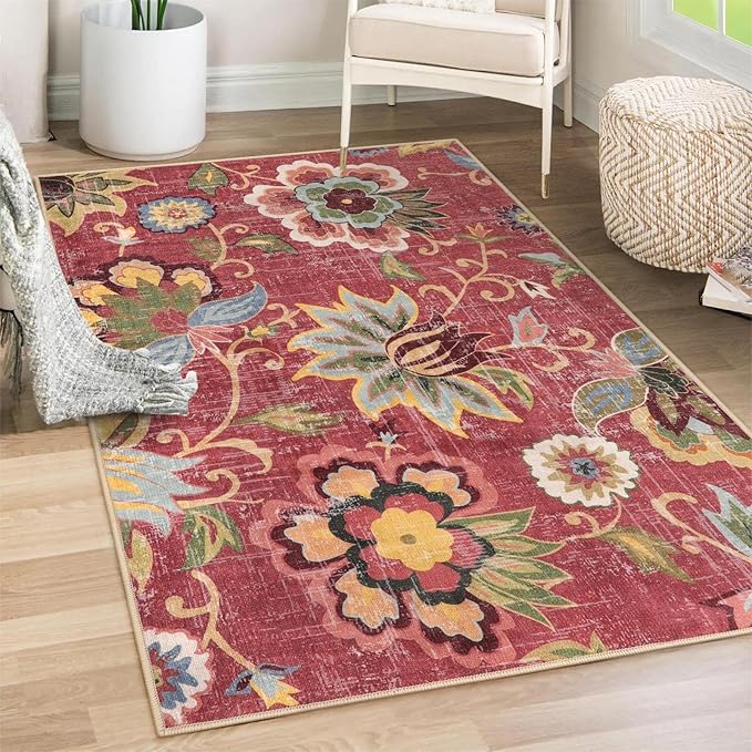 Beeiva Floral 5x7 Red Area Rugs, Washable Rug for Living Room Lightweight Paisley Print Vintage Ultra Thin Large Burgundy Non Slip Carpet for Bedroom Dining Room Christmas Decor