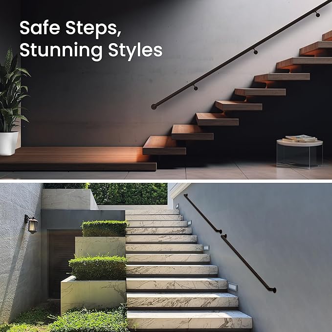 Meranti Aluminum Handrail for Stairs - ADA Compliant Wall Returns - Handrails for Indoor Stairs - Metal Handrail, Powder Coated for Outdoor Environment, DIY Handrail Kit (WHR, Bronze Textured, 9' L)