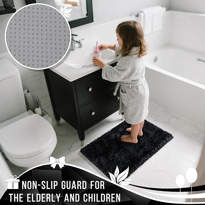 Yimobra Bathroom Rugs Sets 2 Piece, Soft Absorbent Bath Mat and U-Shaped Toilet Rug with Non Slip Backing, Luxury Shaggy Bath Mats for Bathroom, Machine Washable, 31.5"x20"+24"x20", Black