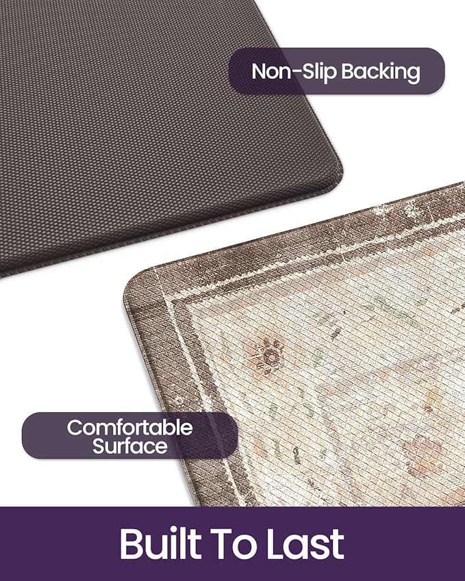 DEXI Kitchen Floor Mats Anti Fatigue, 17x59 Cushioned Vintage Runner Rug Waterproof, Standing Comfort Memory Foam Padded for Front Sink Laundry Office, Beige and Brown