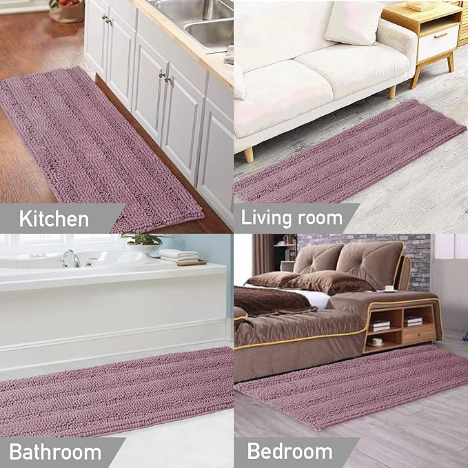 Turquoize Luxury Shaggy Bath Runner Rug, Extra Long Non Slip, Large, Extra Soft and Absorbent Indoor Bath Mat, 47 x 17 Inches, Mauve/Rose