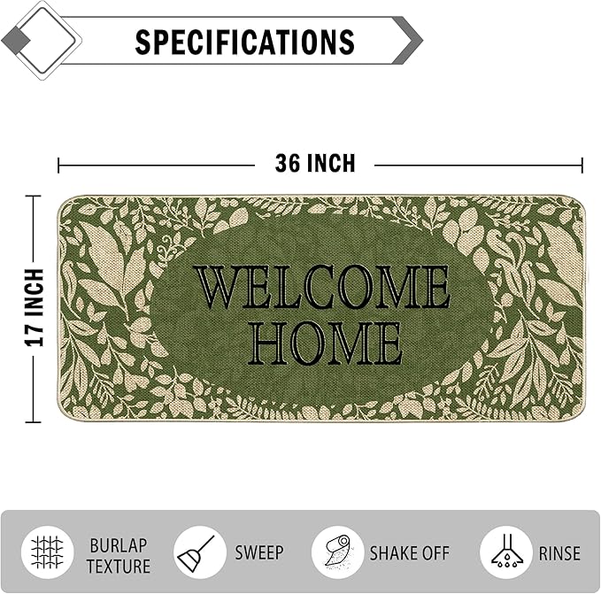 Welcome Spring Door Mat Green Leaves Doormat Indoor Outdoor Entrance Outdoor Rug Low-Profile Floor Rug Non Slip Spring Summer Decor Rubber Mats for Home Decoration 17x36Inch