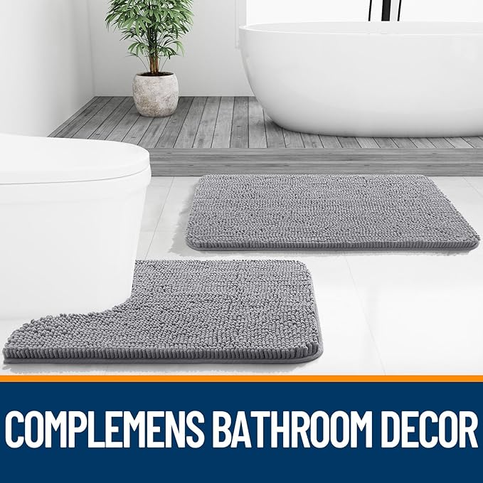 OLANLY Bathroom Rugs Sets 3 Piece, Soft Absorbent Chenille Bath Mats and U-Shaped Contour Toilet Rug, Quick Dry, Home Decor Accessories, Bath Mat Set for Bathroom (47"x20"+24"x16"+24"x20", Grey)