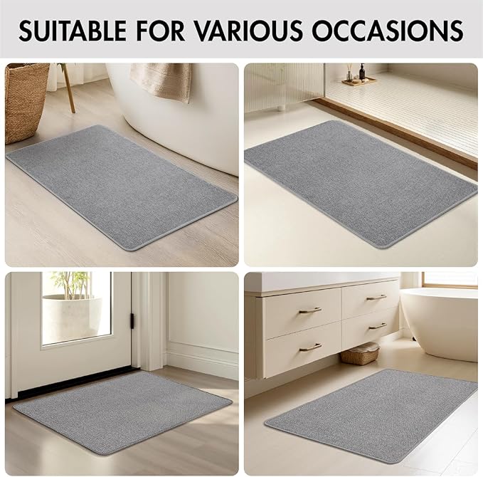 MIULEE Set of 2 Ultra Thin Bathroom Rugs, Rubber Bath Mat, U-Shaped Toilet Rug for Bathroom, Non Slip Quick Dry Absorbent Machine Washable, Fit Under Door, Shower, Sink, Grey, 17"x27"+20"x24"