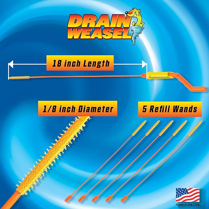 FlexiSnake Drain Weasel Sink Snake Hair Clog Remover Tool, Pipe, Bathroom, Bathtub Cleaner, 18-inch, Made in the USA, 5 Wands and Removable Handle