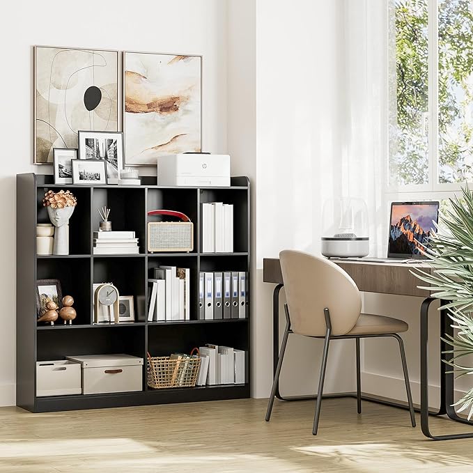 Cozy Castle Bookshelf, 3-Tier Open Bookshelf, 10 Cube Horizontal Bookcase, Storage Organizer with Anti-Tilt Device, Wood Bookcase for Home Office, Bedroom, Living Room, Black