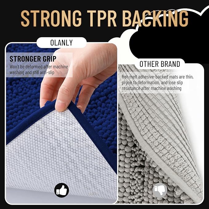 OLANLY Thick Bathroom Rugs 30x20, Extra Soft Absorbent Chenille Striped Bath Rugs, Rubber Backing, Machine Wash Dry, Bath Mats for Bathroom Floor, Tub and Shower, Home Decor Accessories, Navy