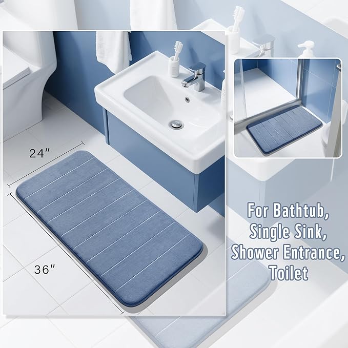 Yimobra Large Bath Mat 36"x24", Super Soft Quick Dry Memory Foam Bathroom Rug, Water Absorbent, Non Slip Backing Machine Washable for Tub Shower, Thick Comfort Support, Denim Blue