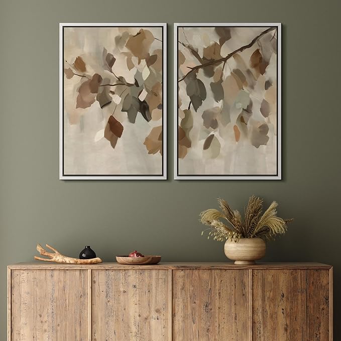 MUDECOR Framed Canvas Print Wall Art Set Abstract Leaf Branch Minimalist Nature-Inspired Beige and Brown Calm/Zen for Living Room, Bedroom, Office - 24"x36"x2 White