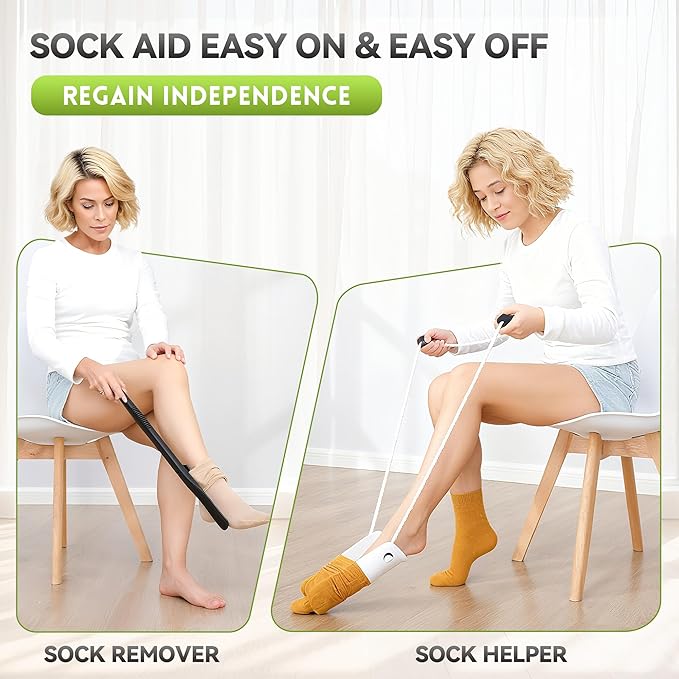 Sock Aids for Putting On Socks Kit - (Sock Helper + 36 Inch Dressing Stick with Sock Remover & Shoe Horn) - Flexible Sock Assistant Device for Seniors & Limited Mobility No Bending