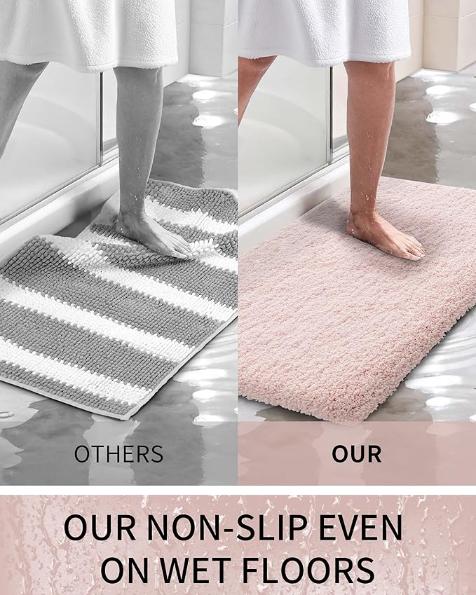 Bathroom Rugs 48x24, Ultra Thick Shaggy Soft Microfiber Absorbent Bath Rug, High Density Foam Latex Non Slip Backing, Machine Washable Bath Mats for Bathroom Floor & Sink, Pink