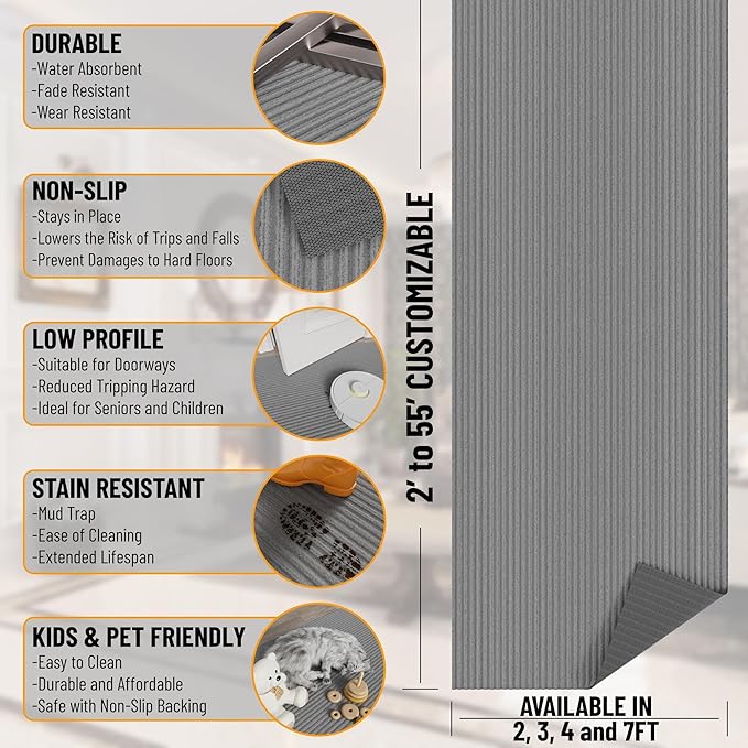 Ottomanson 3'11" x 32' Hallway Runner with Scraper Pile - Extra Durable Non-Slip Rug Mat for Indoor & Outdoor Use - Ideal for Kitchen, Entryway & Garage - High-Traffic Carpet, Gray