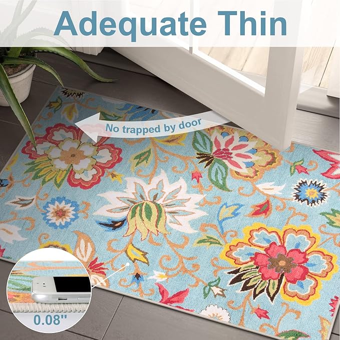 Beeiva Floral Washable Kitchen Runner, Vintage Colorful 2.5x10 Rug Runners for Hallways Non Slip Ultra Thin, Printed Distressed Laundry Room Carpet for Bedroom Bathroom