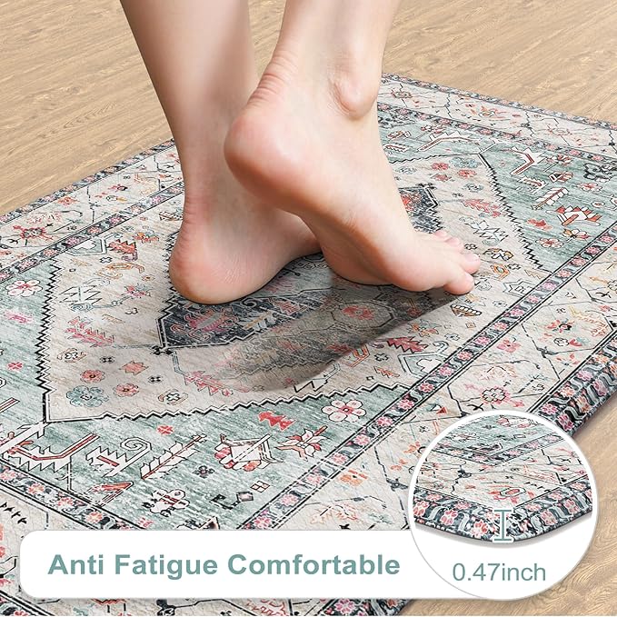 KIMODE Anti Fatigue Kitchen Mats,Boho Vintage Kitchen Rugs Sets of 2,Non Slip Waterproof Kitchen Floor Mats,Ergonomic Cushioned Comfort Standing Mat for Laundry,Office,Sink,Desk,Blue