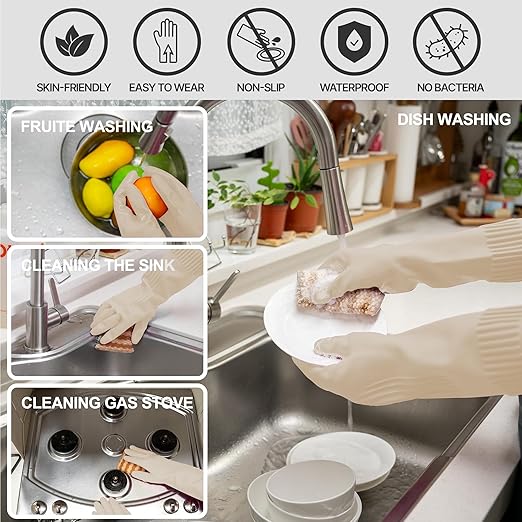 Mamison 2 Pairs Reusable Waterproof Household Dishwashing Cleaning Rubber Gloves, Non-Slip Kitchen Glove (Ivory, Small (Pack of 2))