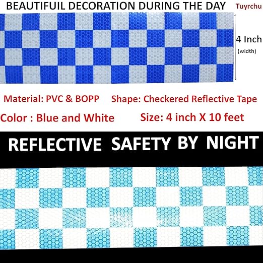 Reflective Tape Blue and White 4 inch X 10 feet, Outdoor Waterproof Hazard Conspicuity Warning Industrial Marking Tape