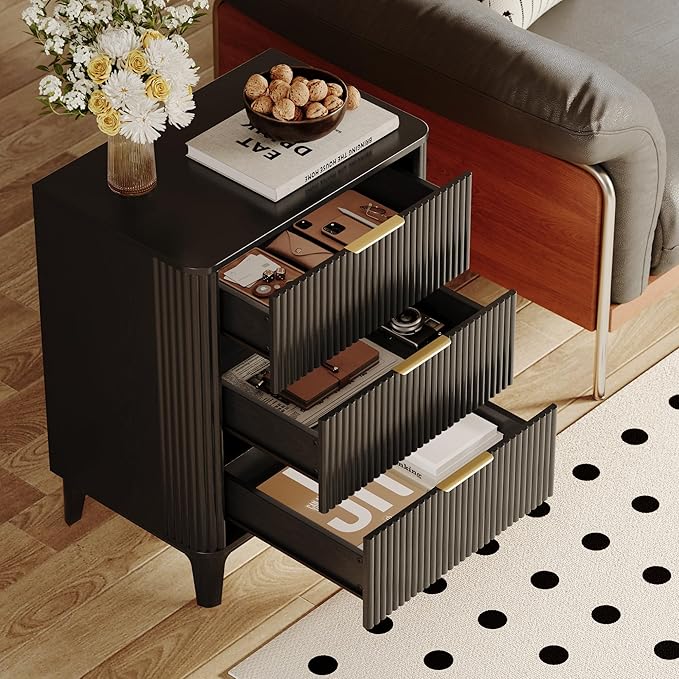 23.6" Mid Century Modern Night Stand with 3 Drawers, Large 3 Drawers Bedside Table with Quiet Drawers & Metal Handles, Fluted 3-Drawer Dresser Rustic Wood 3 Drawer Storage End Table Bedroom Black