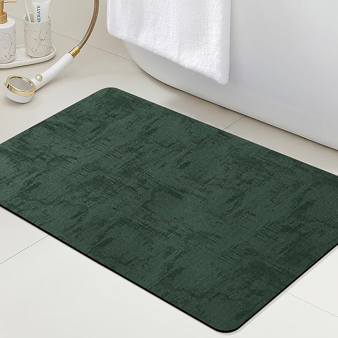 Ultra Thin Bath Mat, Upgrade Backing Non Slip Thin Bath Mats Fit Under Door, Quick Dry Ultra Absorbent Bathroom Rugs, Machine Washable Bath Rugs for Bathroom, Bathtub, Deep Green/Marble/24"x17"