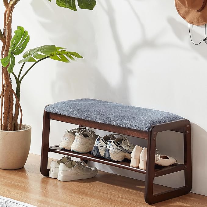 Shoe Rack Bench,2 Tier Wooden Entryway Bench with Shoe Storage, Shoe Rack with Cushion for Living Room, Hallway(Grayish Blue, 31.5")