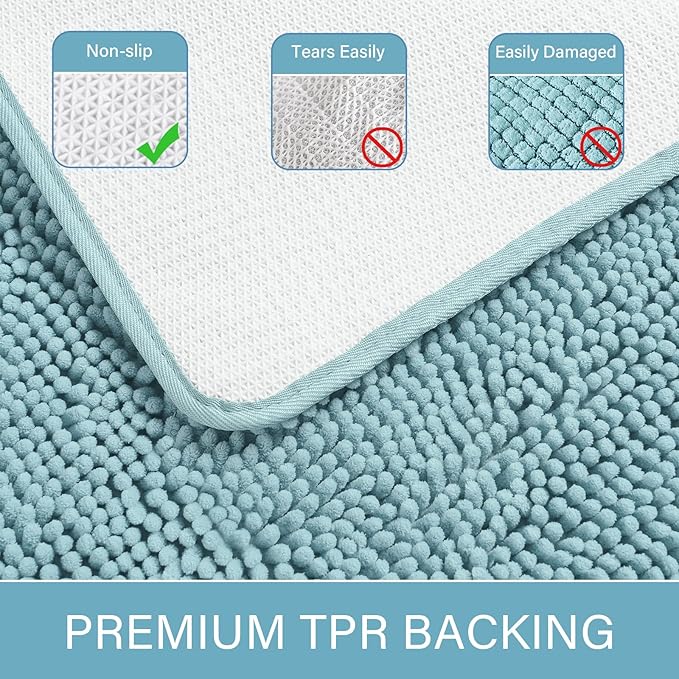 LOCHAS Luxury Bathroom Rug Shaggy Bath Mat 24 x 60 Inch, Washable Non Slip Bath Rugs for Bathroom Shower, Soft Plush Chenille Absorbent Carpets Mats, Spa Blue