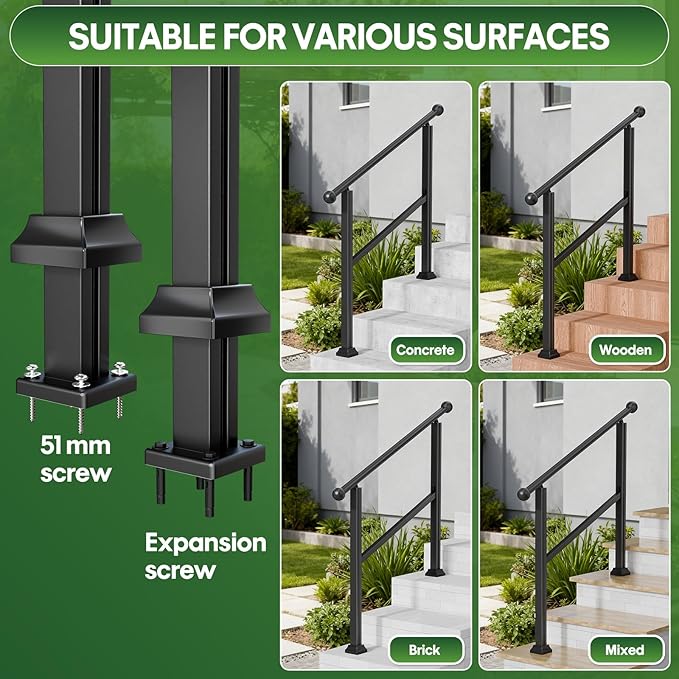 3-Step Outdoor Stair Handrail Kit, Heavy Duty Aluminum Alloy Adjustable Height with Powder Coated Black Metal Finish Complete Installation Hardware & Tools Included for Concrete Porch Deck Brick