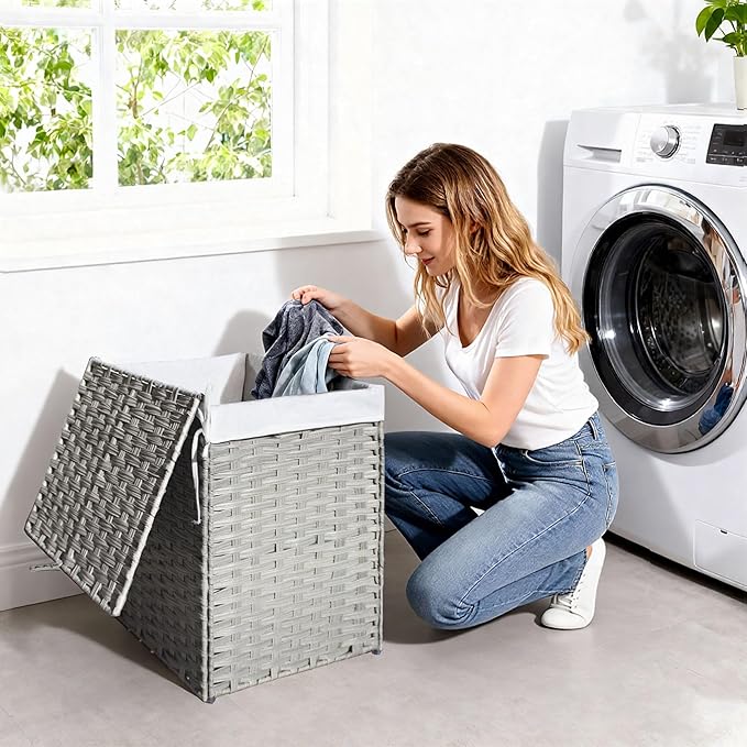 Woven Rattan Laundry Hamper with Lid & Handles,90L Foldable Laundry Basket Includes Machine Washable Removable Liner with 2 Compartments for Storage Basket for Bedroom, Bathroom(Gray)
