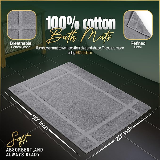 Pearl Linens 100% Ring Spun Cotton Bath Mat (Pack of 6) 20 x 30 Inch, Washable, Soft & Absorbent Terry Bathroom Floor Mat – Not Bathroom Rugs – Quick-Dry After Shower Bath Mat, 687 GSM, Light Grey
