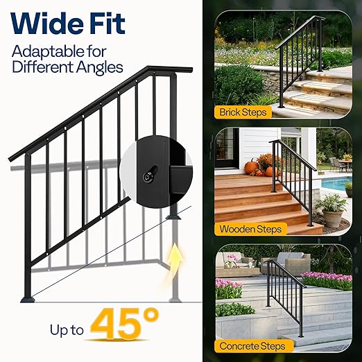 VIVOHOME 2-Pack 4 Step Galvanized Steel Hand Rails for Outdoor Steps – Black Oval and Safety Balusters Exterior Railing for Porch, Deck, or Indoor Stairs, Complete Installation Kit